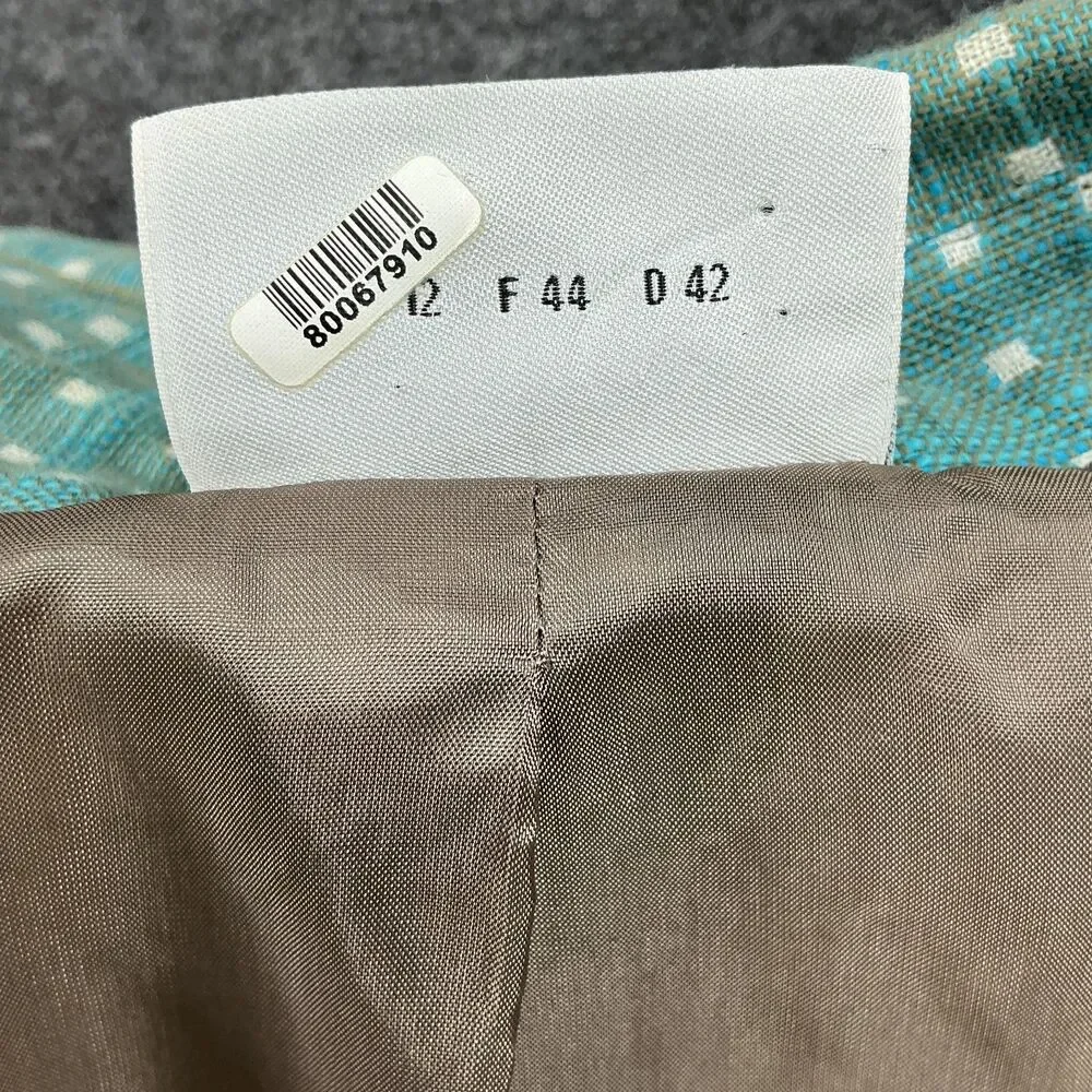 AKRIS Punto Womens Linen Cotton Blazer Size 12 Turquoise White Check Print